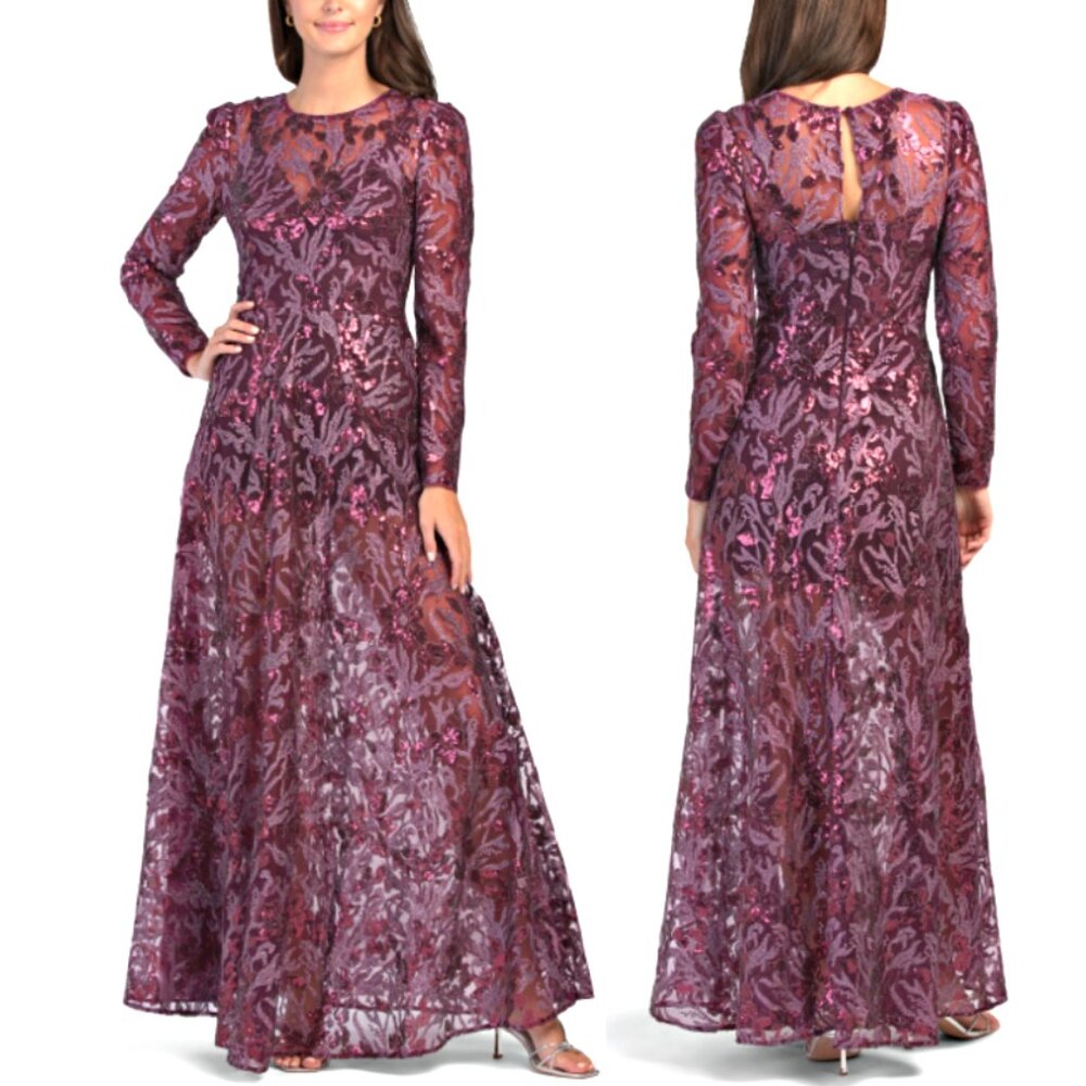 Dress the Population Ava Sequin Fit-and-Flare Gown in Deep Plum Multi sz L $448